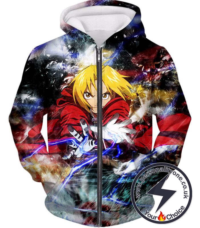 Fullmetal Alchemist Edward Elrich Amazing Alchemy Action Pose Cool Anime Zip Up Hoodie